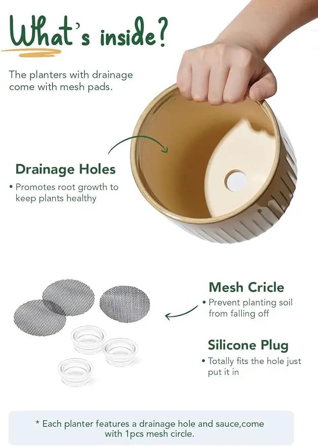LE TAUCI Ceramic Planters, 8.3+6.9+5.7 Inch Plant Pots for Indoor Plants, Set of 3 Flower Pots with Drainage Holes, Round Planters Pot for Indoor House Plants, Reactive Glaze Cloud Cream by GreenHaven Gardens