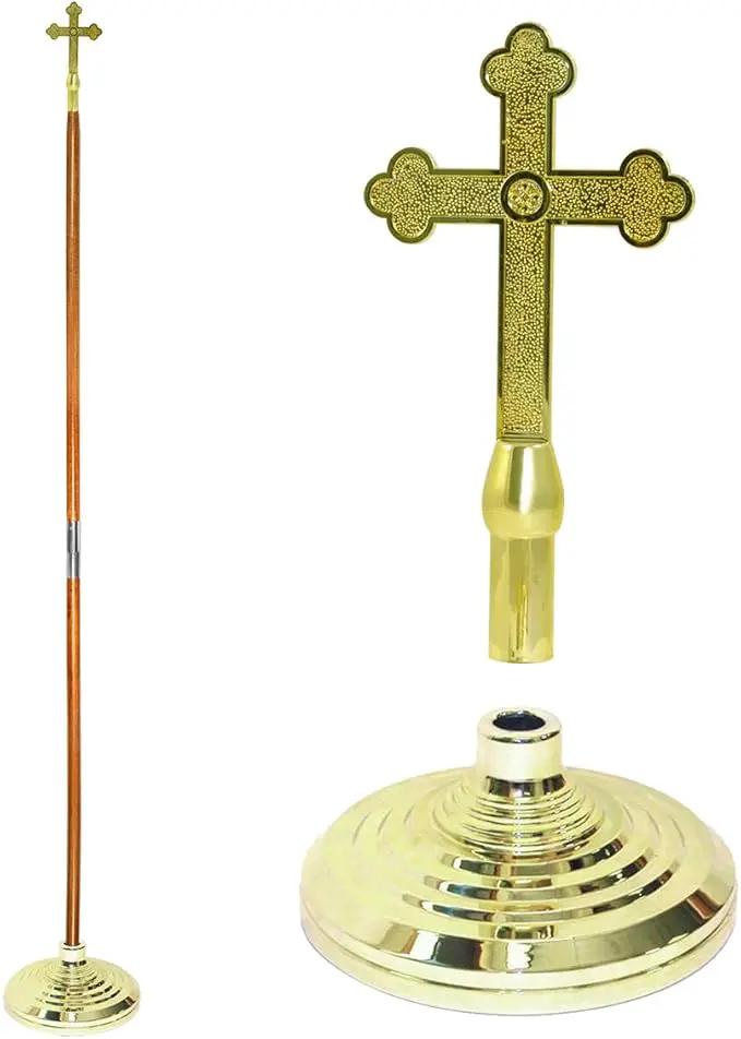 Super Tough Indoor Flag Pole kit 7ft - Plastic Cross - Gold Texture Base - Aluminum Flagpole with Brass Finish - Heavy Duty Inside House Flagstaff - Interior Shaft and Stand - No Ensign Included by GreenHaven Gardens