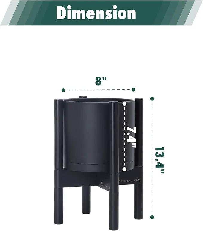 D'vine Dev Planter Pot with Stand - 8 Inch Plastic Cylinder Flower Pot with Wood Planter Holder for Indoor, Matte Black Pot + Ebony Stand, 55-C-K-2 by GreenHaven Gardens