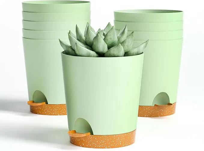 4 inch Small Plant Pots for Outdoor Indoor Plants, 10 Pack Planters with Drainage Holes and Tray, Small Self Watering Pots for Succulent,Cactus, Aloe and Other Plants (Green) by GreenHaven Gardens