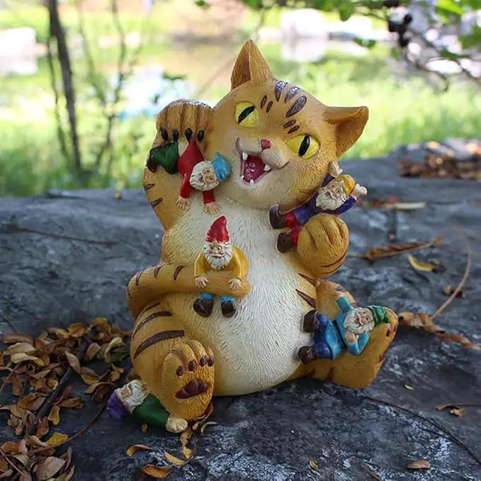 Garden Cat Decor Statue Figure Cat Eating Gnomes Statues for Outdoor Cat Gifts for Mom Patio Lawn Yard Decor (Fat cat) by GreenHaven Gardens