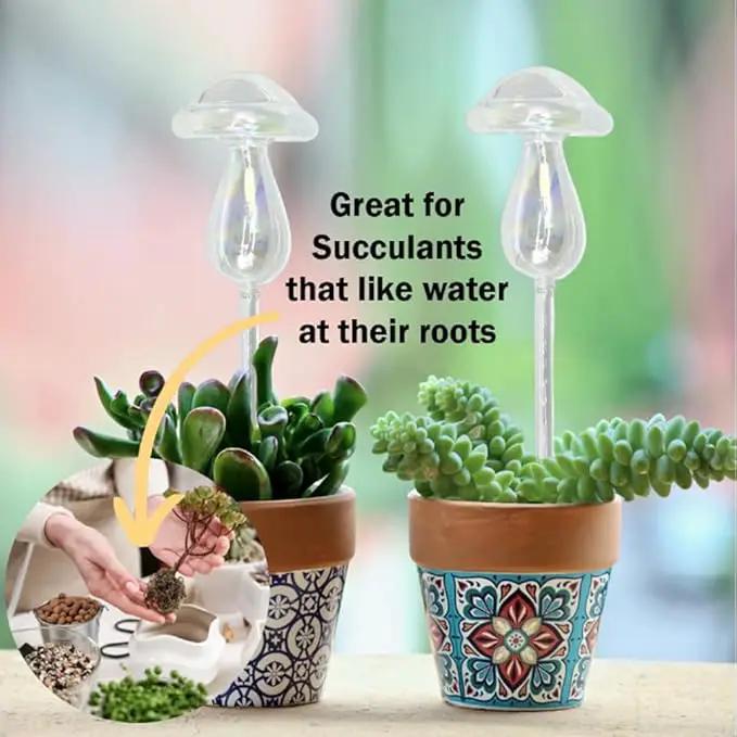 Evelots Plant Self Watering Glass Globes, Iridescent Mushroom Shaped Bulbs (4 Pack) Automatic Water Irrigation System for Plants with Funnel, Indoor & Outdoor Use -Extra Long 9 Inches by GreenHaven Gardens