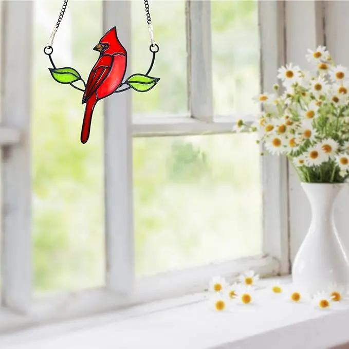 Cardinal Suncatcher, Small Stained Glass Birds Window Hanging Decoration by GreenHaven Gardens