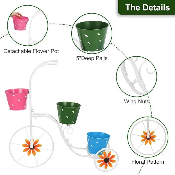 BAYN Bicycle Planter Stand, Metal Flower Pot Cart Holder Tricycle Planter with 3 Plant Bucket Outdoor Decorative for Patio, Deck, Garden, Lawn by GreenHaven Gardens