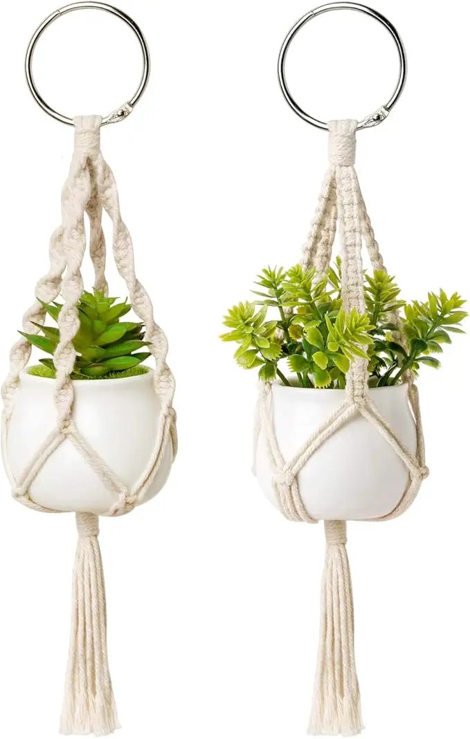 Dahey Mini Macrame Plant Car Accessories Rear View Mirrior Charm Cute Hanging Rearview Car Decor Boho Hanger with Artificial Succulent for Plant Lover, 2 Pcs, 10.5 inch, White by GreenHaven Gardens