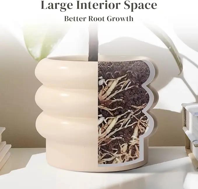 Tiered Bubble Ceramic Plant Pot, Creamy White 6 Inch Ceramic Planter with Drainage Holes, Ceramic Flower Pot with Mesh Pad, Rubber Plugs, Ceramic Pots for Indoor Plants Outdoor, Modern Décor by GreenHaven Gardens