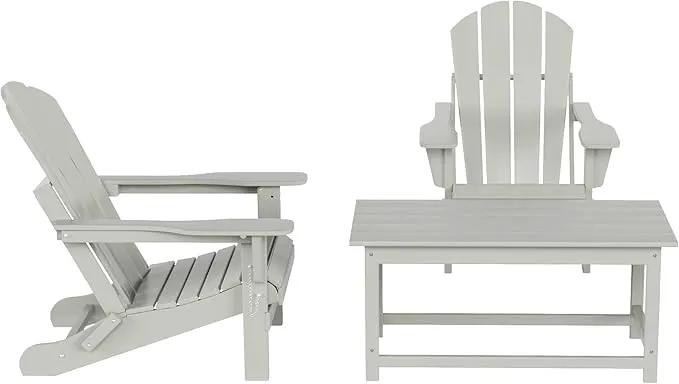 WO Home Furniture Adirondack Chairs Table Set of 3 PCS Outdoor Folding Chairs Coffee Table Weather/UV Resistant for Lawn, Garden, Bon Fire, Balcony (Sand) by GreenHaven Gardens