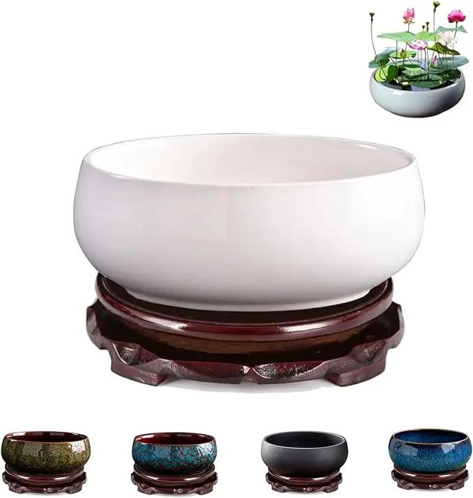 Lotus Bowl Planter, Lotus Bowls for Planting in Water Indoors,6.5-inch Round Succulent Flower Pot with Rotating Bracket, Leak-Proof Design, Suitable for hydroponic Plants, Succulents (White) by GreenHaven Gardens