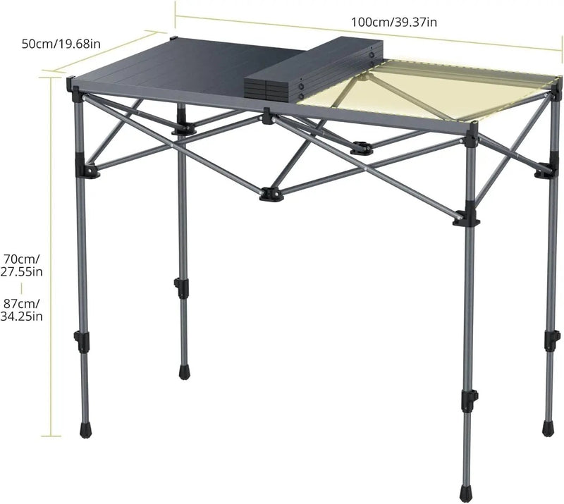 Camping Table Foldable, 2 Adjustable Height 34.2”, Large Roll Up Camping Table Support 264lbs with Storage Basket and Bag, Aluminum Outdoor Table, for Picnic Travel BBQ, 39.4” x 19.7”, Black by GreenHaven Gardens