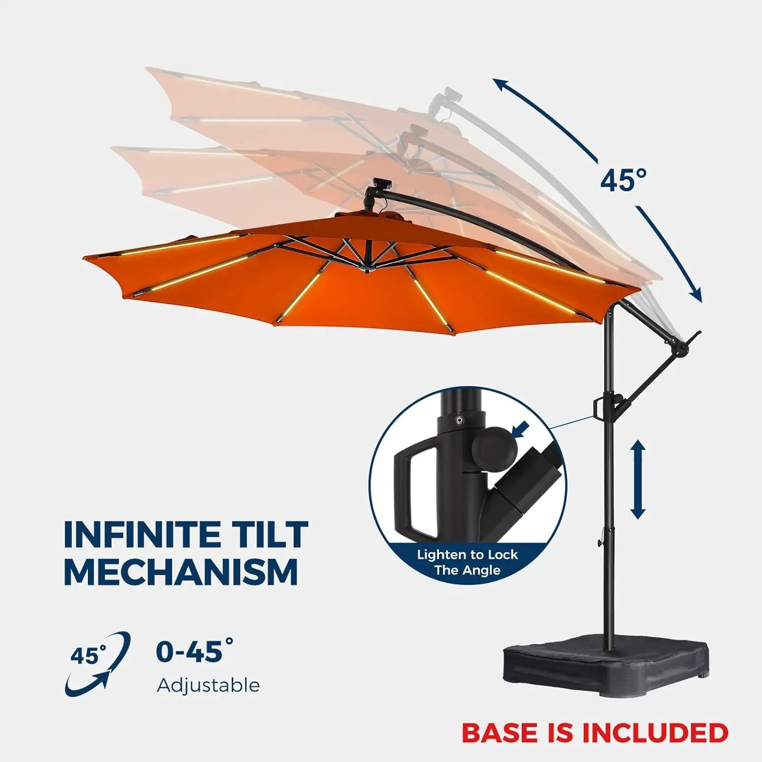 HOMSHADE 10ft Solar Lights Offset Cantilever Patio Umbrella - with Light and Base, LED Lighted Offset Hanging Patio Outdoor Market Umbrella UPF50+ UV Protection with Easy Tilt and Crank (Orange) by GreenHaven Gardens
