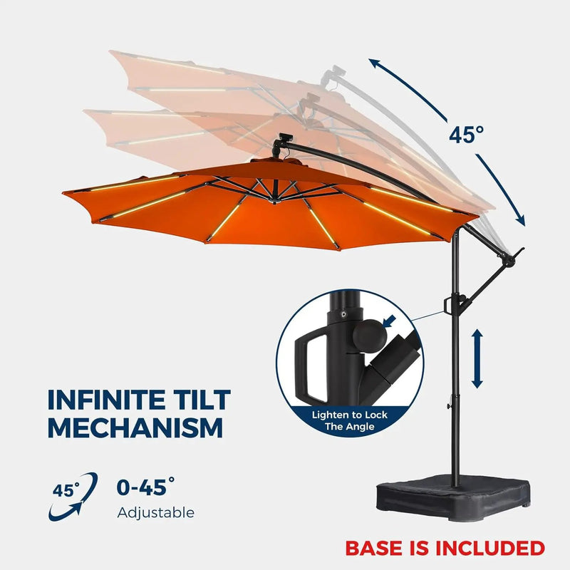 HOMSHADE 10ft Solar Lights Offset Cantilever Patio Umbrella - with Light and Base, LED Lighted Offset Hanging Patio Outdoor Market Umbrella UPF50+ UV Protection with Easy Tilt and Crank (Orange) by GreenHaven Gardens