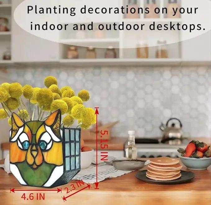 Cat Flower Pots for Indoor Plants,Stained Glass Cat Plant Displays,Cat Succulent Planter,Candle Holder Container Decoration,4.6x5.15x2.3 in (Without Succulents) by GreenHaven Gardens