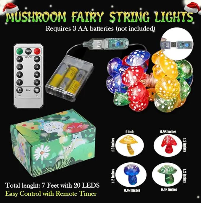 Mushroom String Lights Mushroom Lamp Fairy Décor-USB Plug in or Battery Operated 7ft 20 LED Decorative Fairy Lights-Mushroom String Lights for Bedroom Living Room Decor by GreenHaven Gardens