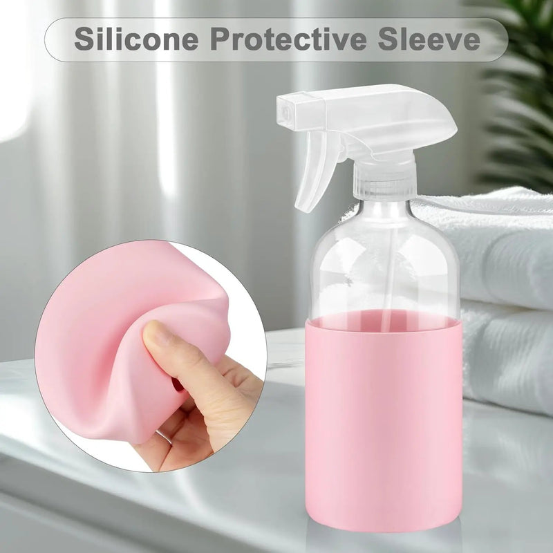 2 Pack Glass Spray Bottles with Long Silicone Sleeve, 16 oz Empty Refillable Containers with Adjustable Spray Nozzles, Spray Bottles for Hair, Cleaning Solutions and Plants Pink by GreenHaven Gardens