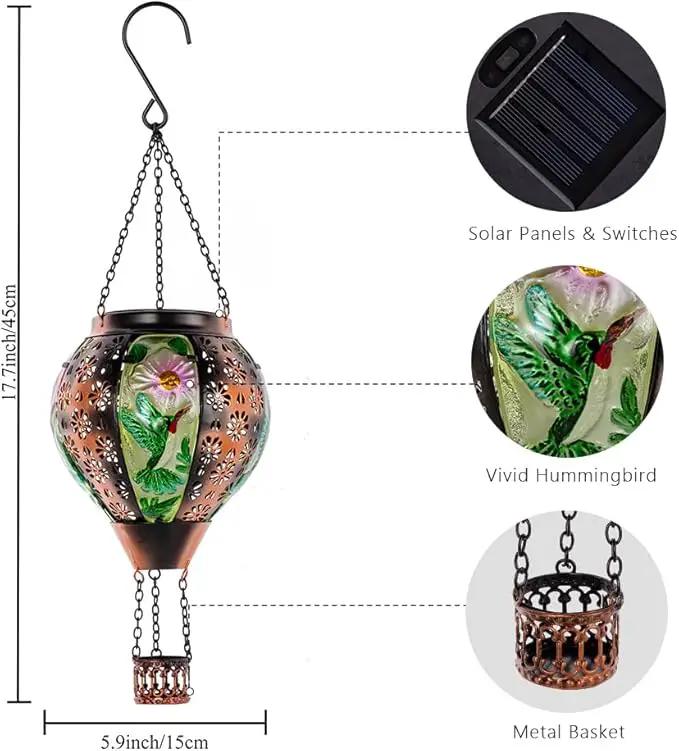 DREAMSOUL Hummingbird Hot Air Balloon Solar Lantern, Metal & Glass Flickering Flame Light Solar Lantern, Hanging Waterproof Solar Lanterns Outdoor for Garden Patio Tree Decoration Christmas Gifts by GreenHaven Gardens