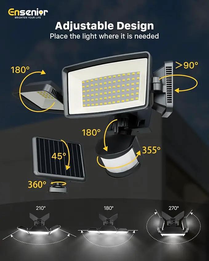 Ensenior 1800LM Solar Flood Lights Outdoor, Motion Sensor Outdoor Light 6500K, IP65 Waterproof, Separate Solar Panel, Solar Security Light with 5 Sensor Modes and 3 Adjustable Head for Yard (Black) by GreenHaven Gardens