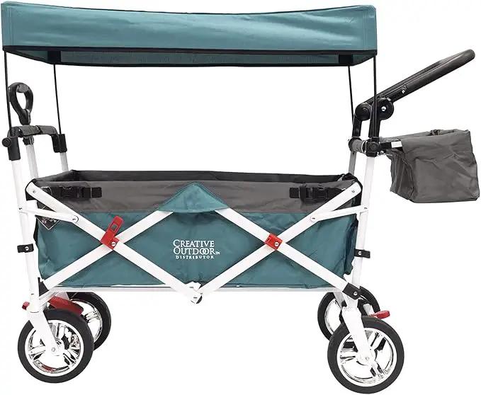 Creative Outdoor Wagon, Push and Pull Double Stroller for Toddlers & Kids with Removable Canopy and Seat Belt Harnesses, Collapsible Folding Garden Cart, Adjustable Handle, Beach Wagon (Teal) by GreenHaven Gardens