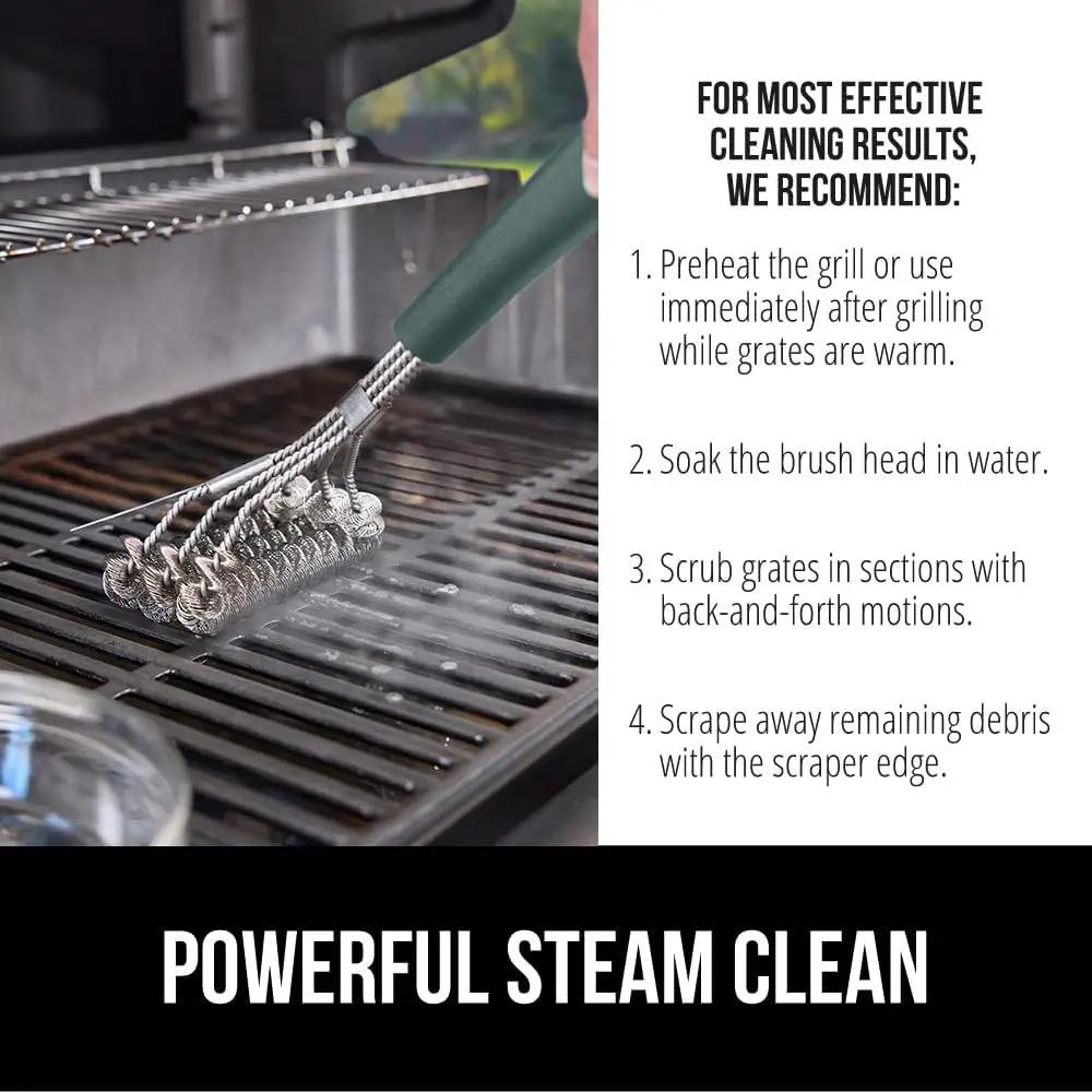 GORILLA GRIP Heavy Duty No Bristle Triple Helix Grill Brush with Scraper for Outdoor Grills, Safe Steam Cleaning, Oversized Comfortable Handle Grip with Bottle Opener, BBQ Tools, 17.5 Inch, Green by GreenHaven Gardens