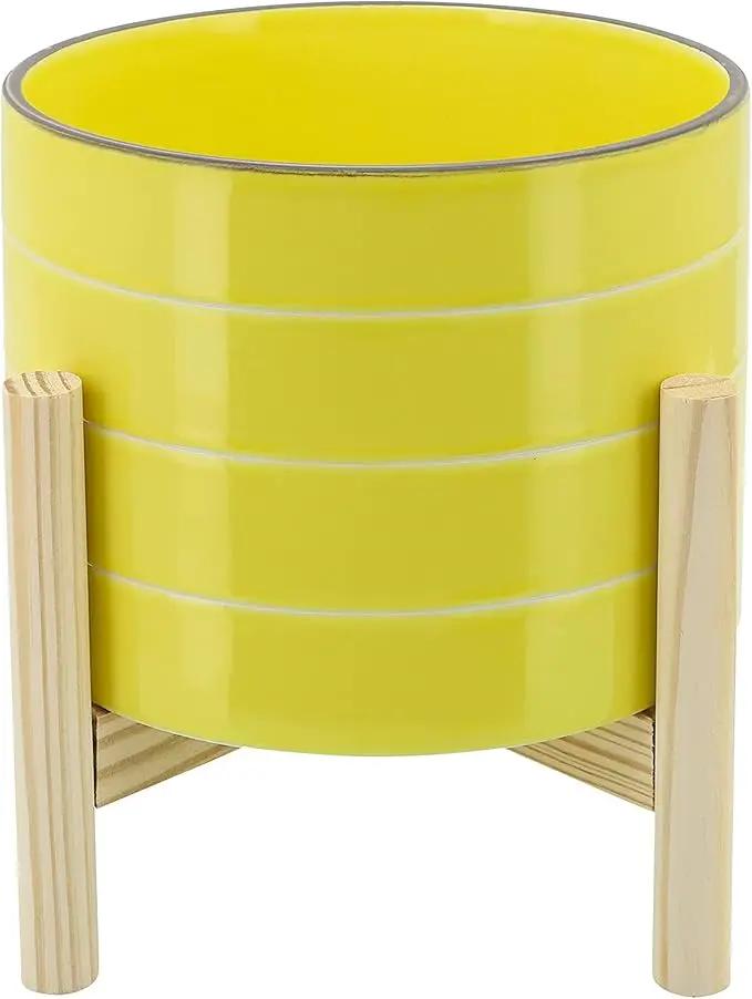 Sagebook Home 8" Planter on Stand - Ceramic Planter on Wooden Base - Contemporary Yellow and White Striped Design Indoor or Outdoor Plant Stand Decor by GreenHaven Gardens