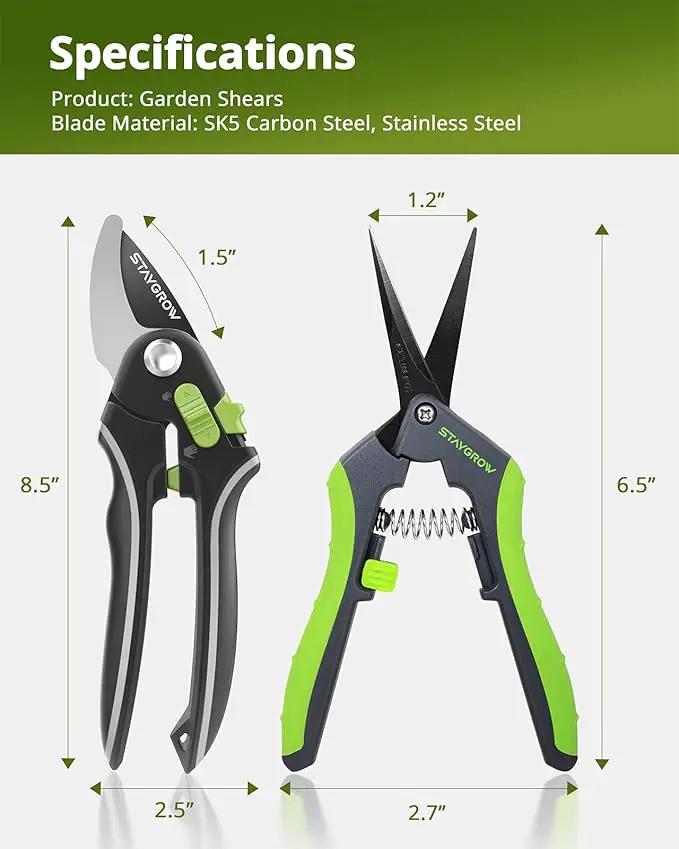 Pruning Shears for Gardening 2 Pack, 8.5" Bypass Garden Clippers and 6.5" Curved Gardening Shears, Pruners with Super Sharp Stainless Steel Blades, Safety Lock, Gardening Gifts for Men Women by GreenHaven Gardens