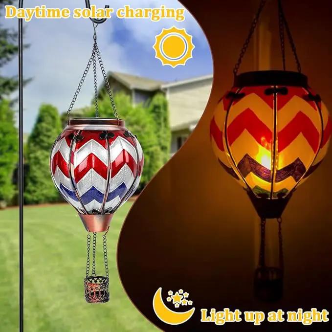 2PCS Solar Hot Air Balloon Lanterns with Flame with Shepherd's Hooks, Glass Hanging Flickering Lights Outdoor Waterproof for Garden Tree Yard Patio Mother's Day Gift, 18" H Wavy by GreenHaven Gardens