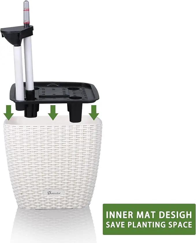 Dexceder 11x10 Self Watering Planter Indoor Outdoor, Inner Mat Design, Thickened Table Flower Plant Pot with Water Level Indicator (Ivory White Rattan) by GreenHaven Gardens