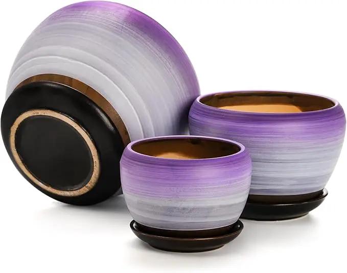 SOUJOY Set of 3 Ceramic Flower Pots, Gardening Plant Pot with Drainage Holes and Saucer, 7/5/4 inch Purple Round Succulent Herbs Cactus Planter for Indoor Outdoor by GreenHaven Gardens