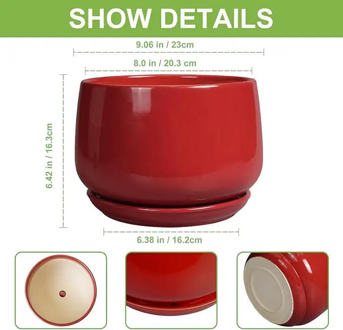 G EPGardening Ceramic Plant Pots - 9 Inch Flower pots for Indoor Outdoor Plant, Round Planter with Drainage and Saucer, Modern Home Decor, Gift for Women Men, Red by GreenHaven Gardens