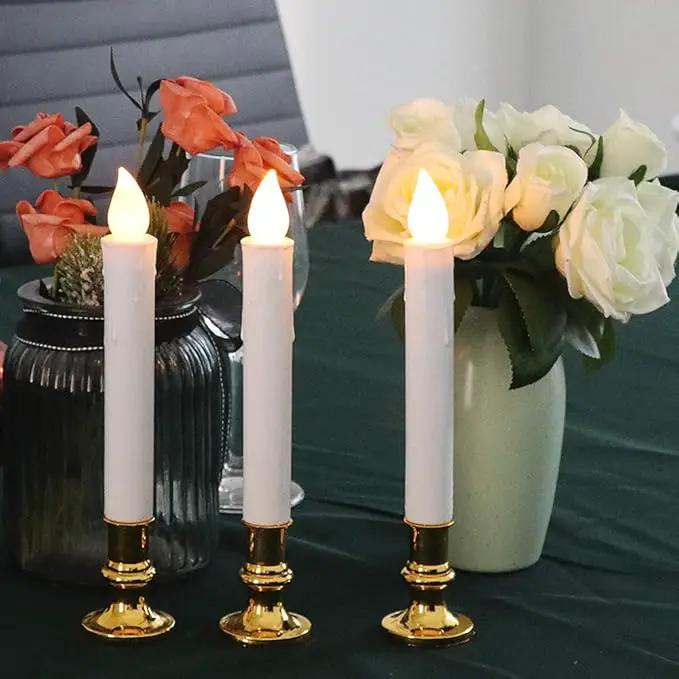 DRomance 9" Flameless Window Taper Candles Battery Operated with 8-Key Remote and Timer, 8 Pack White Christmas Holdiay Window Candles with Gold Holders, Suction Cups and AA Batteries Included by GreenHaven Gardens
