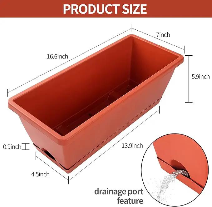 Window Box Planter, 12 Pack Plastic Vegetable Flower Planters Boxes 17 Inches Rectangular Flower Pots with Saucers for Indoor Outdoor Garden, Patio, Home Decor (Brick red) by GreenHaven Gardens