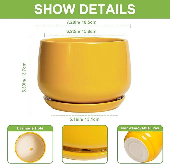 G EPGardening Ceramic Pots for Plants - 7 Inch Plant Pot with Drainage Hole and Saucer, Modern Ceramic Planter for Indoor Outdoor, Round Flower Planter, Gifts for Plants Lovers, Home Decor, Yellow by GreenHaven Gardens