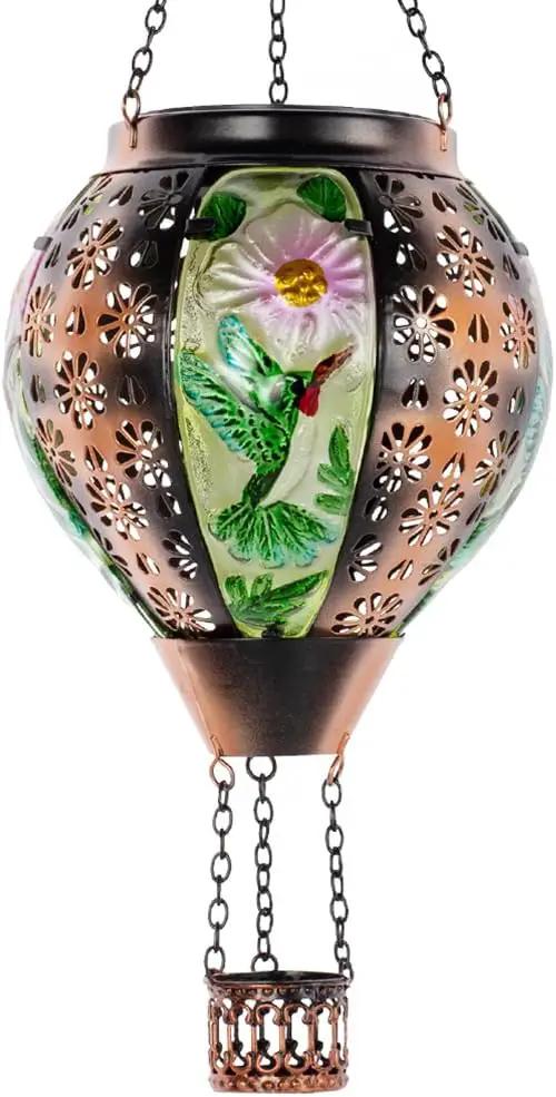 DREAMSOUL Hummingbird Hot Air Balloon Solar Lantern, Metal & Glass Flickering Flame Light Solar Lantern, Hanging Waterproof Solar Lanterns Outdoor for Garden Patio Tree Decoration Christmas Gifts by GreenHaven Gardens