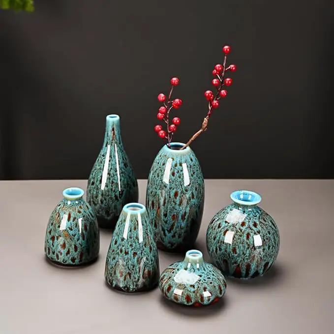 Ceramic Bud Vase Set, Fambe Blue Glazed Finish, Decorative Flower Vases (Blue-Set of 6) by GreenHaven Gardens