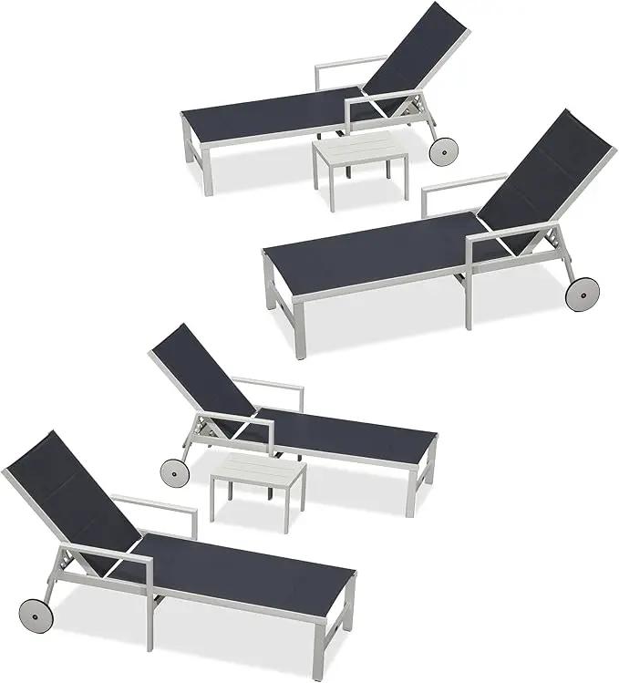 PURPLE LEAF Outdoor Chaise Lounge Adjustable Sunbathing Recliner with Armrest Navy Blue 2 Sets by GreenHaven Gardens