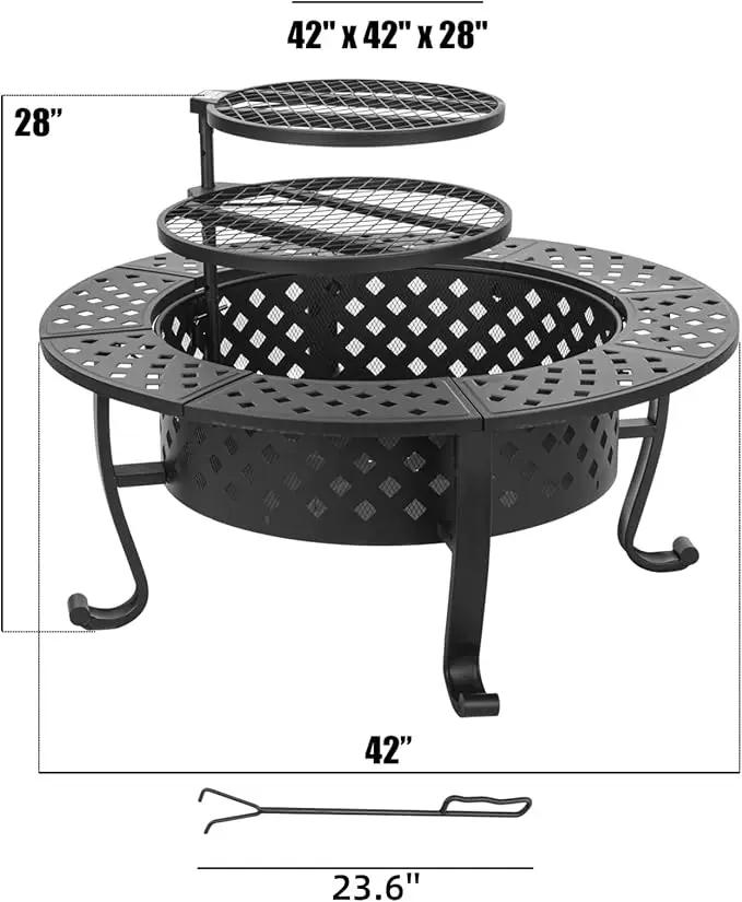 42 Inch Fire Pit with 2 BBQ Grills, Wood Burning Fire Pits for Outside with Lid & Fire Poker, BBQ& Outdoor Firepit & Round Metal Table 3 in 1 for Patio, Picnic, Party by GreenHaven Gardens