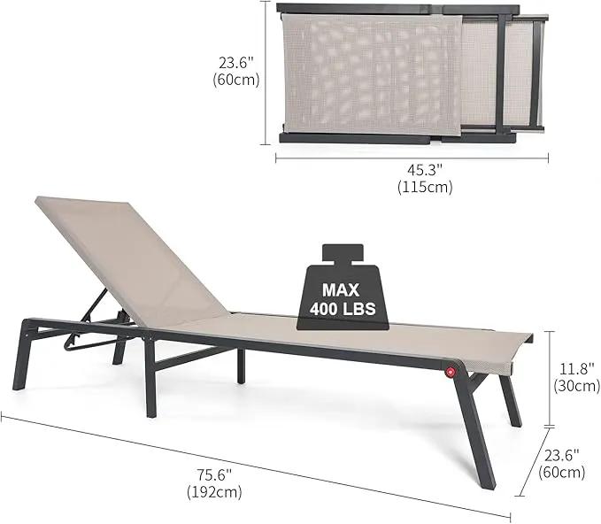 Aluminum Chaise Lounge Chair Outdoor, Foldable Patio Lounge Chair 2 Sets with Table Assemble-Free, Pool Lounge Chairs with 5 Adjustable Backrest, Outdoor Lounge Chairs for Outside Poolside Beige by GreenHaven Gardens