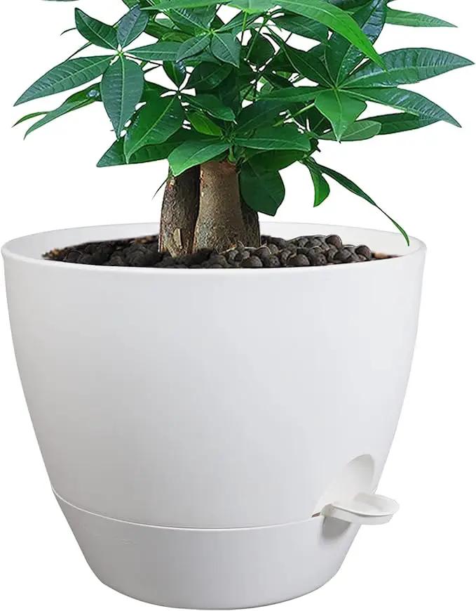 12inch Self Watering Pots, Plastic Planters with Mesh Drainage Holes and Deep Reservoir for Indoor Outdoor Garden Plants and Flowers, White by GreenHaven Gardens