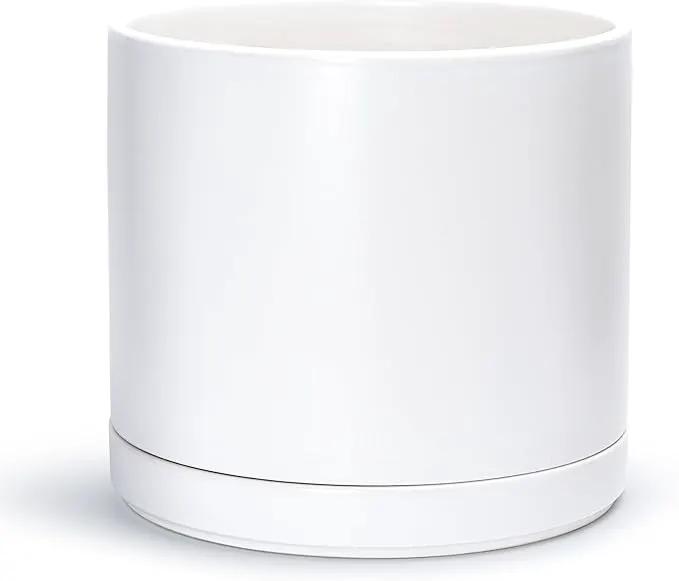D'vine Dev 14 Inch Ceramic Planter Pot with Drainage Hole and Saucer, Indoor Cylinder Round Planter Pot, White, 94-O-G-1 by GreenHaven Gardens