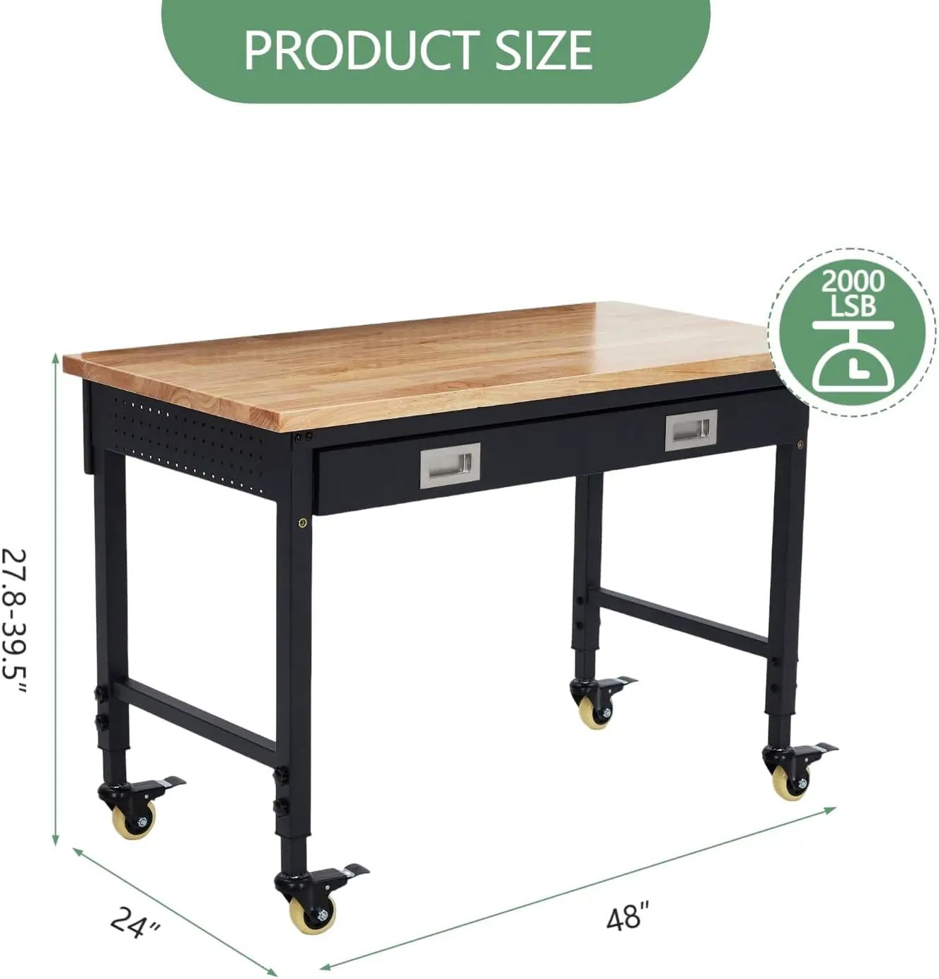 48'' Adjustable Workbench, Heavy Duty Workbench with Drawer, Power Outlet and Lockable Wheels, 2000 LBS Capacity, Work Table Suitable for Office, Garage, Workshop by GreenHaven Gardens