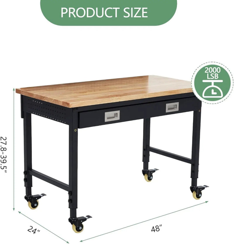 48'' Adjustable Workbench, Heavy Duty Workbench with Drawer, Power Outlet and Lockable Wheels, 2000 LBS Capacity, Work Table Suitable for Office, Garage, Workshop by GreenHaven Gardens