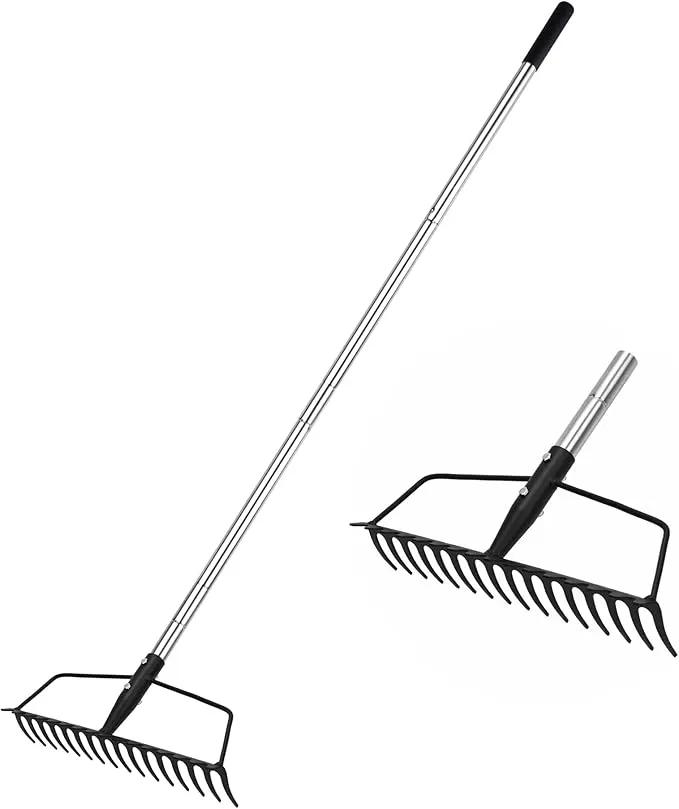 Garden Rake, Metal Sturdy and Heavy Duty Metal Rake, 16-Tine Bow Rake with Adjustable Stainless Steel Handle, Long Shaft for Loosening Soil, Leveling Mulch, Gathering Leaves by GreenHaven Gardens
