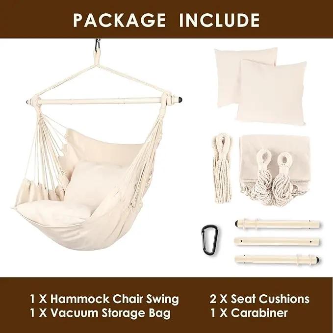 Highwild Hammock Chair Hanging Rope Swing - Max 500 Lbs - 2 Cushions Included - Steel Spreader Bar with Anti-Slip Rings - for Any Indoor or Outdoor Spaces (Beige) by GreenHaven Gardens