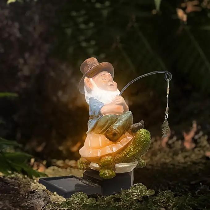 Garden Gnome Turtle solar LED Pond Statue Decoration, Fishing Gnome Turtle Garden Statue Outdoor Koi Pond or Waterfall or lawn Decor,5.3" Gnome turtle Fishing Poolside Statue contains ground insertion by GreenHaven Gardens