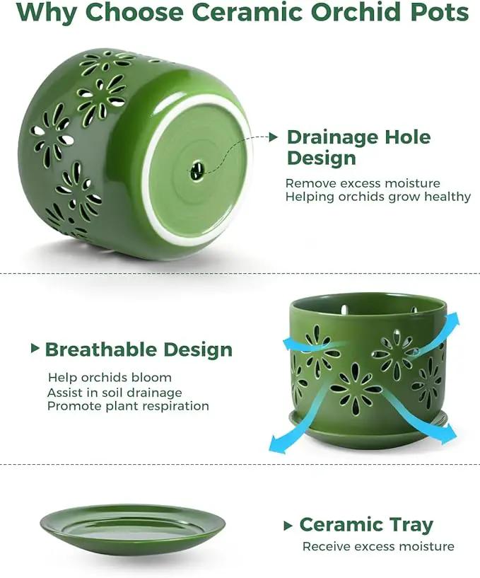 EFISPSS Orchid Pots with Holes,5+6 Inch Ceramic Plant Pots with Drainage Holes and Tray,Enhanced Drainage and Ventilation,Flower Pots for Indoor/Outdoor Plants for Repotting - Green by GreenHaven Gardens