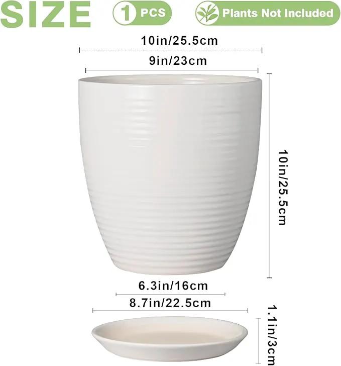 10 Inch Ceramic Planter Pot Large Plant Pot with Drainage Hole and Saucer Modern Round Flower Pot for Indoor Outdoor Plants Garden Pot White by GreenHaven Gardens