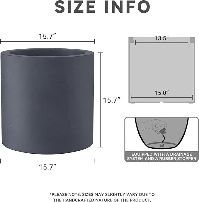 Kante 15.7" Dia Round Concrete Planter, Modern Style Large Cylindrical Plant Pot with Drainage Hole and Rubber Plug for Indoor Outdoor Patio, Charcoal by GreenHaven Gardens