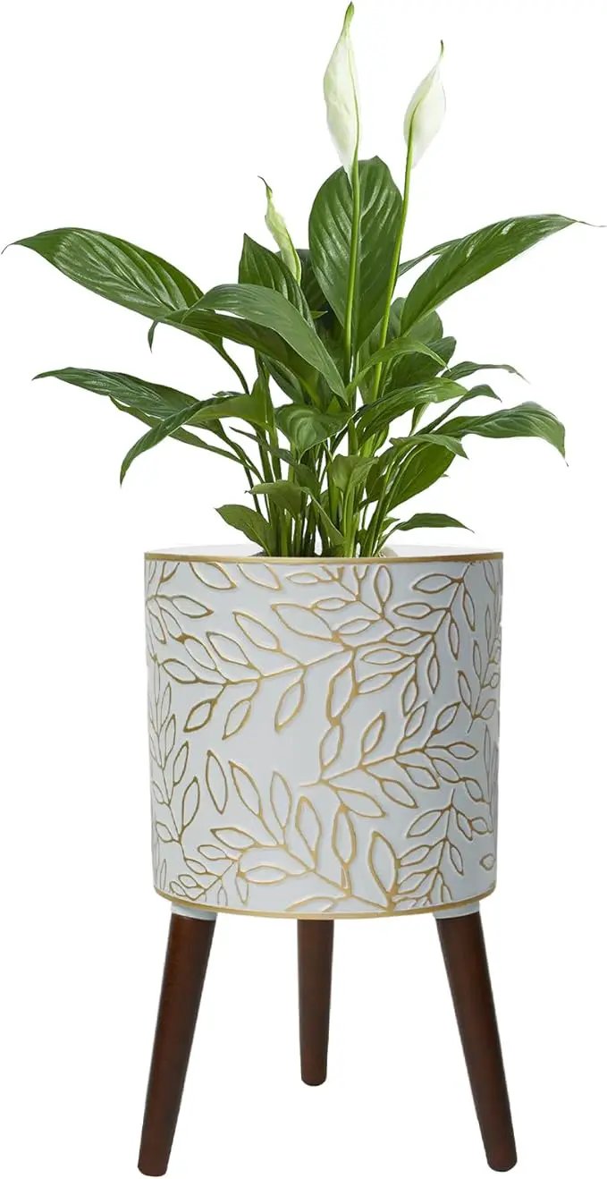 12inch Plant Pots with Wood Planter Holder Indoor Flower Pot with Gold Floral Embossed Modern Planters with Drainage Holes for Living Room, Office, Garden or Balcony by GreenHaven Gardens