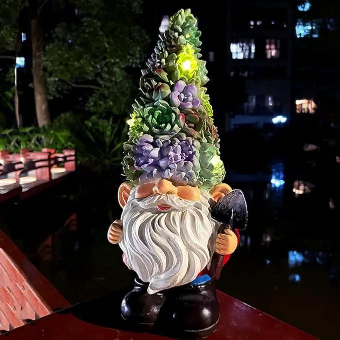 Solar Powered Gnome with Flower Hat and Shovel, Decorated Solar Light, Garden Decorations Statues, Garden Light Decor by GreenHaven Gardens