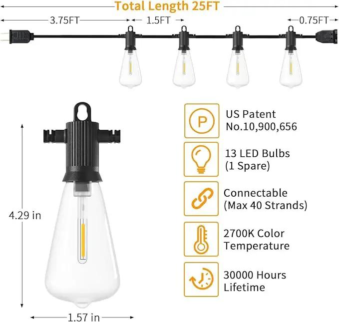 ZOTOYI Outdoor String Lights 25FT, Waterproof IP65 Patio Lights with 13 Shatterproof ST38 LED Bulbs, Outside Hanging Light Dimmable for Backyard, Bistro, Cafe, Garden 2700K Warm White by GreenHaven Gardens