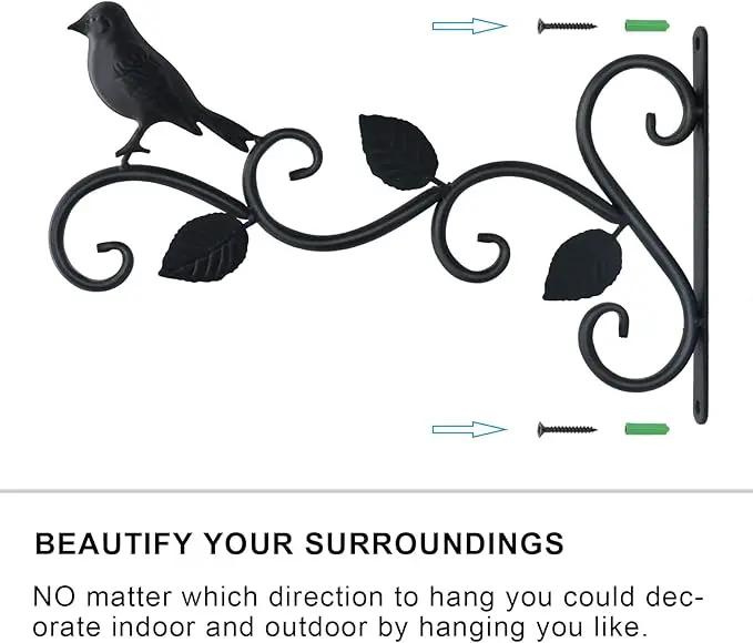 Hanging Plants Bracket 12" Bird Planter Outdoor Hooks Hangers for Flower Baskets Pot Bird Feeder Wind Chimes Lanterns Patio Garden Outdoor Indoor Metal Black, 2 Pack by GreenHaven Gardens